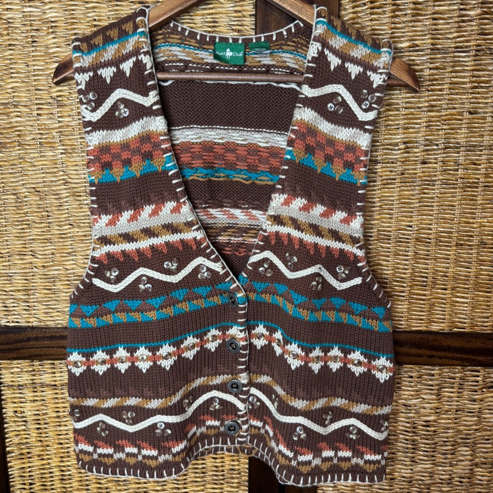 Vintage Brown Southwestern Geometric Cotton Knit Sweater Vest M GranolaCore